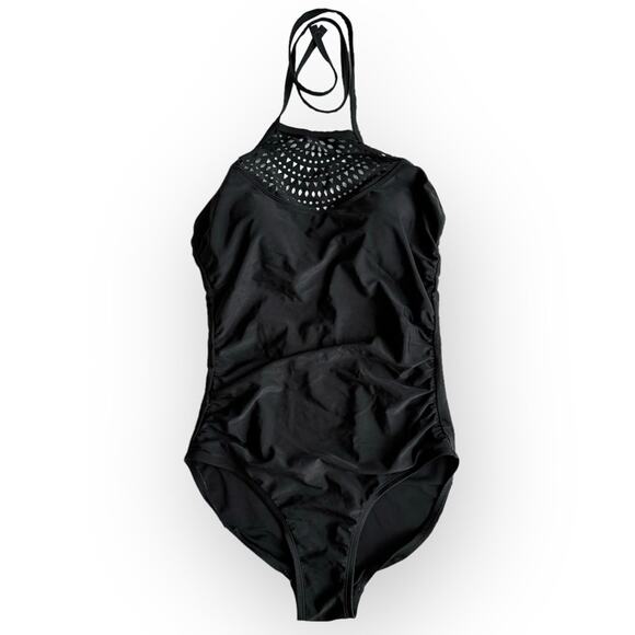Merona One-Piece Swimsuit Padded Halter Neck Backless Lazer Cut size Small Black - Picture 2 of 15
